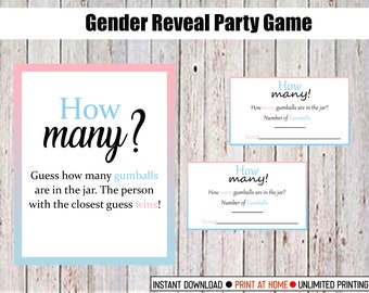 Gender Reveal Party Game, How Many Gumballs, How Many Jellybeans, Personalized Baby Shower Games, Pink and Blue Printable Games