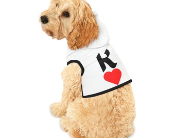 White Dog Hoodie, Cat Hoodie, K with Red Heart