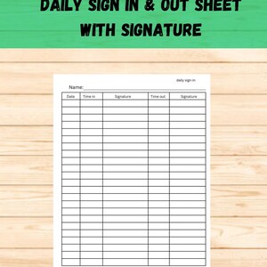 以下が含まれることがあります： 署名付きの白黒の毎日出勤簿。シートには、日付、出勤時間、署名、退勤時間、署名の列があります。