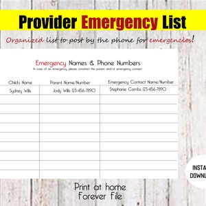 Emergency Contact List, Home Daycare Emergency List, Childcare Log, Field Trip Emergency List, Organized Home Daycare, Home Daycare Forms