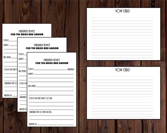 May include: Three printable cards for a wedding. The cards are white with black text. The first card is a marriage advice card with the text "Marriage Advice for the Bride and Groom". The second and third cards are vow cards with the text "Vow Card".