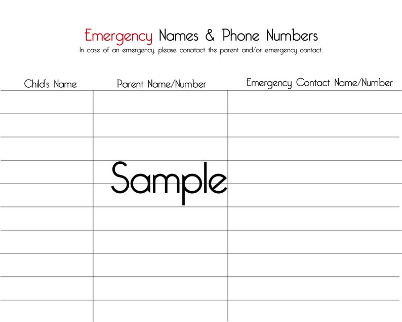 Emergency Contact List, Home Daycare Emergency List, Childcare Log, Field Trip Emergency List