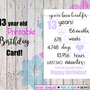 Tarjeta de cumpleaños púrpura de 13 años de edad, tarjeta de cumpleaños imprimible adolescente, tarjeta de fiesta de cumpleaños adolescente simple, se le encanta tarjeta de cumpleaños,