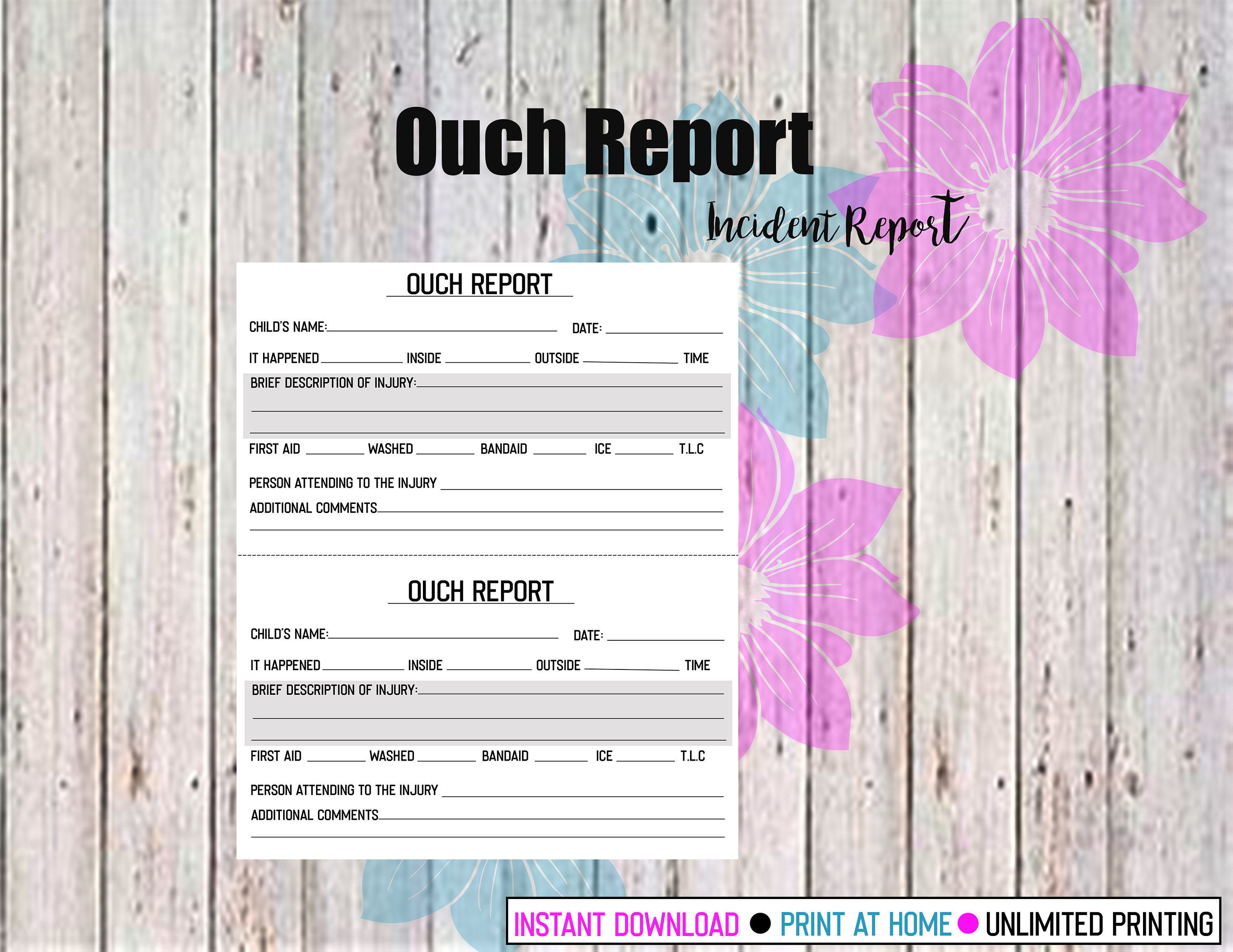 Home Daycare Incident Report Printable, Injury Report, Ouch Report ...
