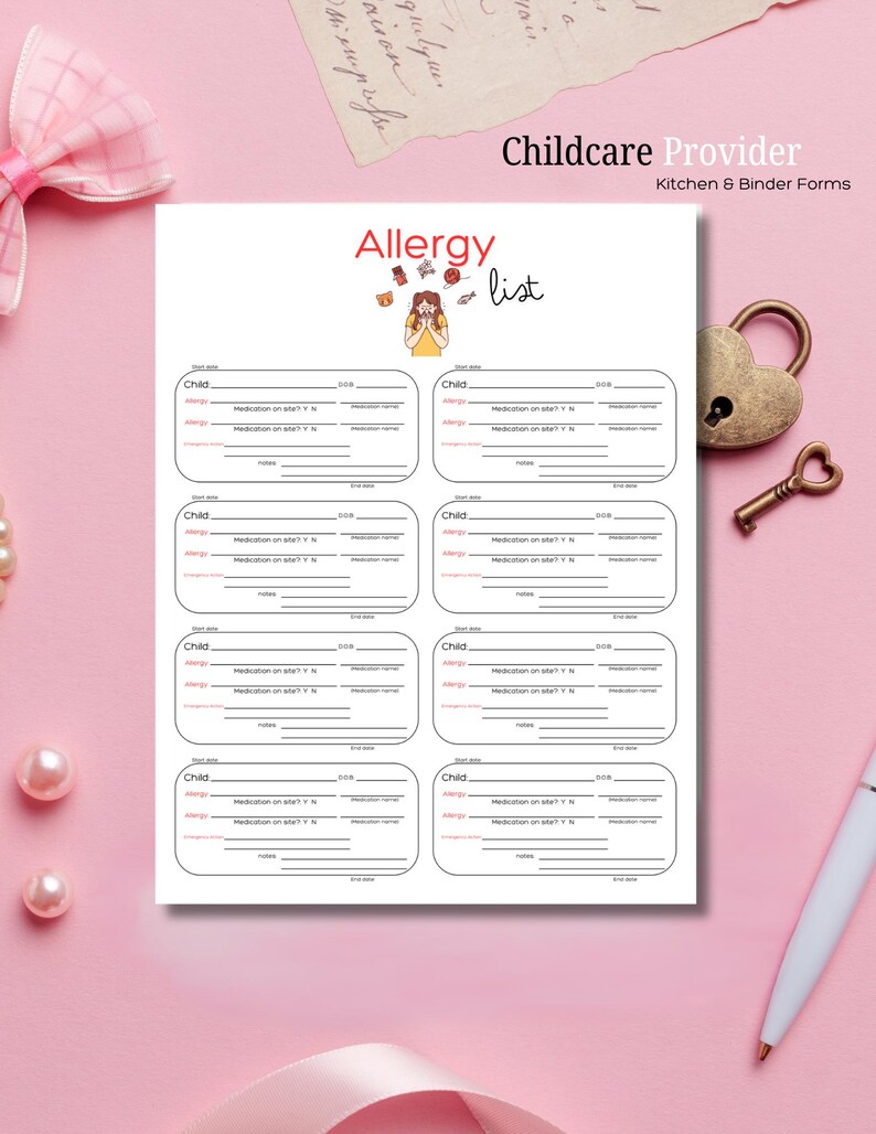 Allergy Record Log, Emergency Form, Child Care Template - Etsy