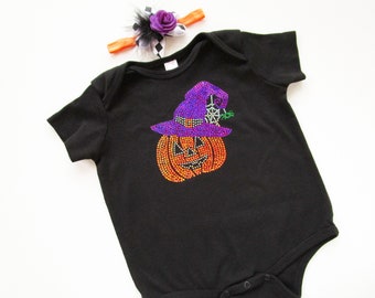 halloween pumpkin onesie and halloween headband halloween costume toddler baby halloween outfit girl halloween photo prop