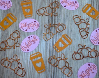 Fall Theme Confetti, Glitter Pumpkins, Pumpkin Spice Latte Cups, & Fall Y’all Party Decor