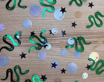 Halloween Confetti: Green Snakes and Silver Orbs Confetti Mix in Glass Jar, Spooky Party Decor