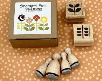Stamp set retro flowers, plants, blossoms, floral elements in gift box