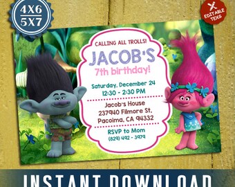 Trolls Birthday, Trolls Invitation, Trolls Birthday Invitation, Trolls Party, Editable Invitation, Editable PDF Template, Instant Download