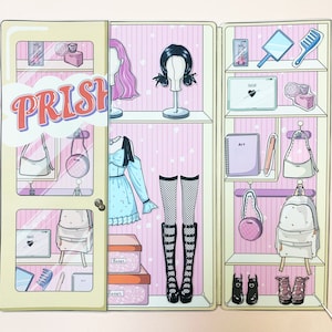 May include: A pink and white closet with a variety of clothing and accessories. The closet has a sign that says "PRISH" on the front. There are shelves with items like a wig, a purse, a backpack, and a pair of boots. There are also drawers with labels that say "Rosie's" and "Kohl's".