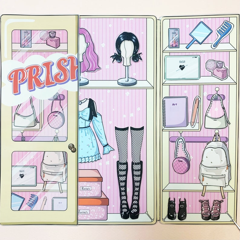 May include: A pink and white closet with a variety of clothing and accessories. The closet has a sign that says "PRISH" on the front. There are shelves with items like a wig, a purse, a backpack, and a pair of boots. There are also drawers with labels that say "Rosie's" and "Kohl's".