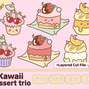 Kawaii Clipart Söt Efterrätt Clip Art Mat Tårta Klistermärken Macaron Illustrationer Cupcake Planner Utskrivbara PNG SVG Vektor Kommersiellt bruk