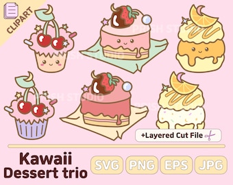 Kawaii Clipart Cute Dessert Clip art Food Cake Stickers Macaron Illustrations Cupcake Planner Printables PNG SVG Vector Commercial use