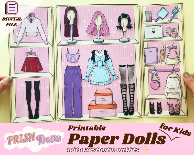 May include: Printable paper dolls for kids with aesthetic outfits. The dolls have different hairstyles and clothing options, including a school uniform, a purple outfit, a blue dress, and black stockings. There are also accessories like purses, shoes, and a backpack.