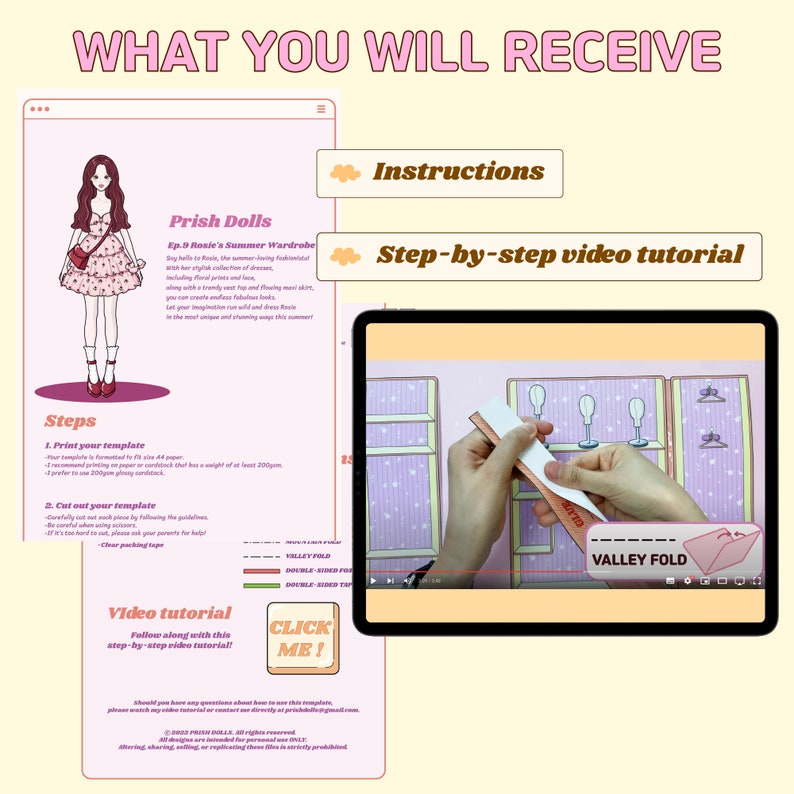 May include: A digital template titled "Prish Dolls Ep.9 Rosie's Summer Wardrobe" with instructions and a video tutorial. The image shows a tablet displaying a video and a paper doll template with steps for printing and cutting.