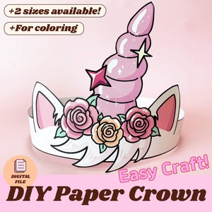 Unicorn Paper Crown Printable Party Birthday Decor Hat Kids Easy Craft Coloring DIY Headband Costume Classroom Preschool Activity Template