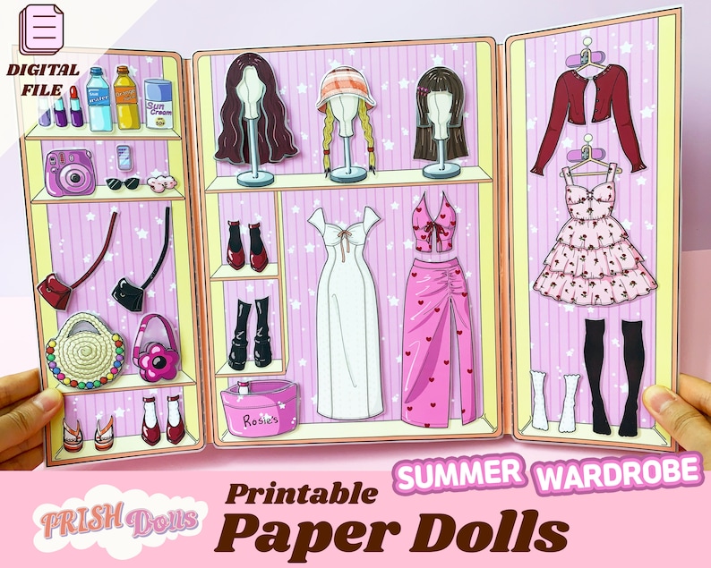 May include: A colorful paper doll set with a summer wardrobe theme. The set includes various outfits, accessories, and hairstyles. The text on the image reads "Digital File", "Summer Wardrobe", and "Printable Paper Dolls".
