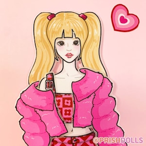 May include: A pink and red cartoon doll with blonde pigtails wearing a pink fur jacket, a red and white checked crop top, and red and white checked trousers. The doll has a heart-shaped sticker on the background.