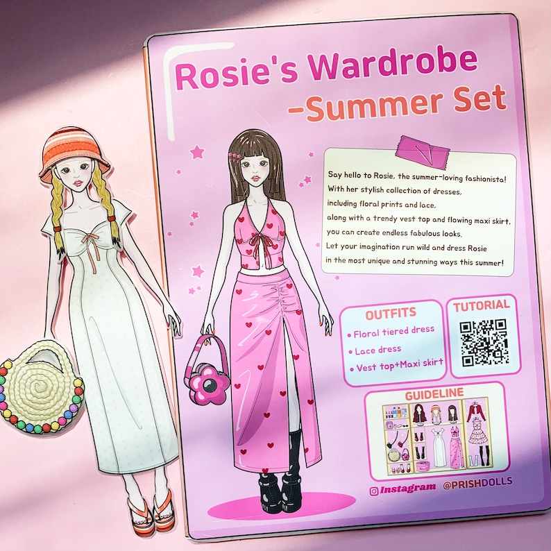 May include: A paper doll set titled "Rosie's Wardrobe - Summer Set" featuring two paper dolls and outfits. The set includes a floral tiered dress, a lace dress, and a vest top with a maxi skirt. The text says "Say hello to Rosie, the summer-loving fashionista!"