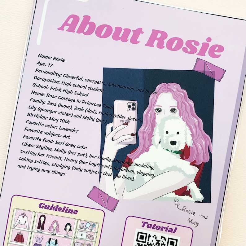 May include: A pink and white illustration of a girl with pink hair holding a white dog and a pink and white cell phone. The text "About Rosie" is at the top of the image. The text "PRISH" is on the cell phone. The text "Rosie and Molly" is at the bottom of the image.