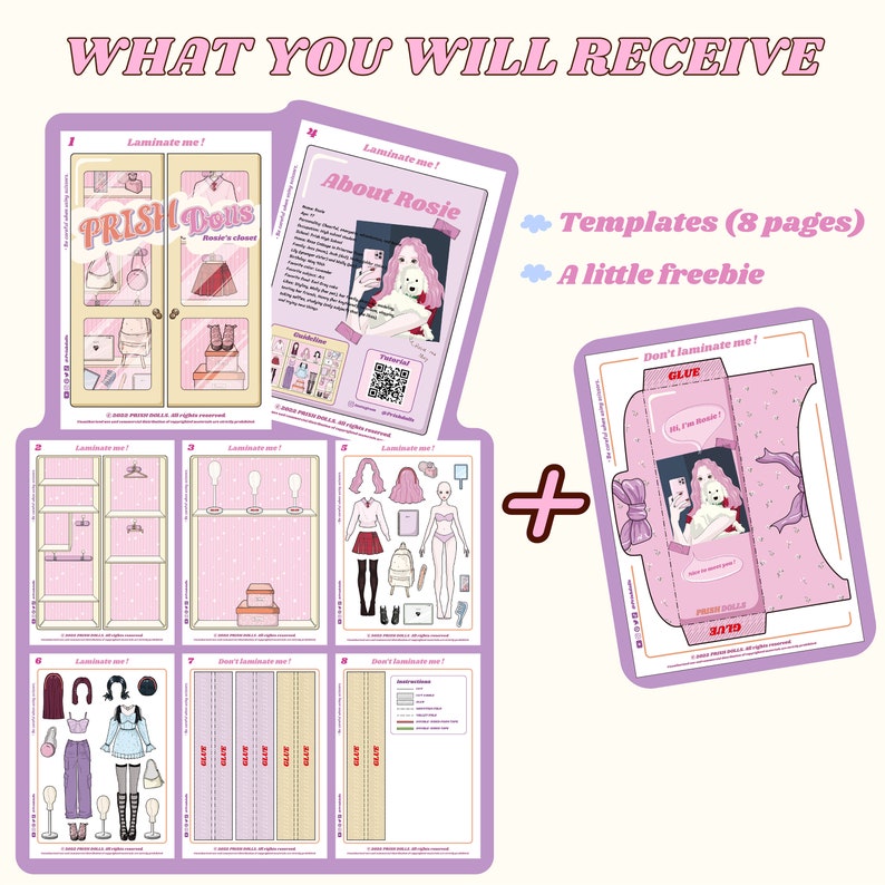 May include: A set of printable paper doll templates featuring a pink and white color scheme. The set includes a wardrobe, a doll, and a freebie. The text on the pages reads "Laminate me!" and "Don't laminate me!"