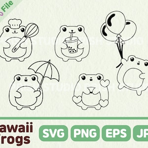Frog SVG Cute Animal Clipart Outline Cut file Cooking Boba Balloon Kawaii Friendship Crafts PNG EPS Digital Sticker sheets Commercial use
