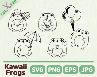 Frosch SVG niedlichen Tier Clipart Umriss geschnitten Datei Kochen Boba Ballon Kawaii Freundschaft Handwerk PNG EPS digitale Aufkleber Blätter kommerzielle Nutzung