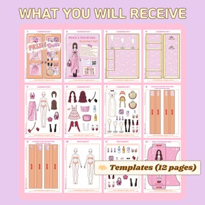May include: A collection of 12 paper doll templates, featuring a wardrobe and accessories. The pages are pink and white, with the text "WHAT YOU WILL RECEIVE" at the top. The set includes a doll named Rosie.