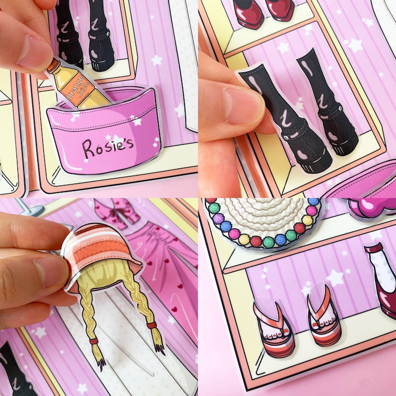 May include: A paper doll wardrobe playset with various clothing and accessories. Includes a pink purse with the text "Rosie's", a bottle of orange juice, black boots, a hat with braids, a dress, and shoes. The background is pink with white stars.