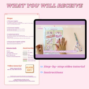 May include: A digital tablet screen displaying instructions for a printable dollhouse kit. The instructions include steps for printing, cutting, laminating, and assembling the dollhouse. The screen also shows a video tutorial and a close-up of the dollhouse kit with the text "PRISH Dolls" printed on it.