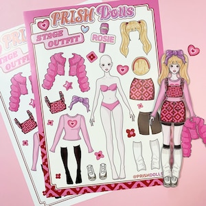 May include: A pink and white paper doll set with the words "PRISH Dolls" and "Stage Outfit" at the top. The set includes a doll, clothing, and accessories. The doll has pink hair and a pink dress. The clothing includes a pink jacket, a pink skirt, and a pink top. The accessories include a microphone, a heart, and a star.