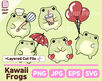 Kawaii Frog Clipart, Love Stickers SVG PNG EPS (Digital Download)