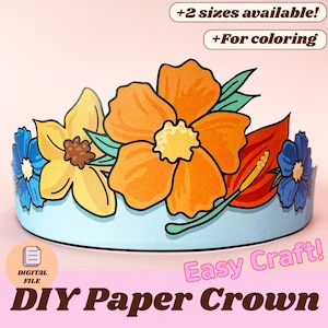 Corona di carta con fiori cappello da festa stampabile per bambini artigianato facile da colorare fai da te decorazione di compleanno tropicale fascia per capelli modello di attività in classe