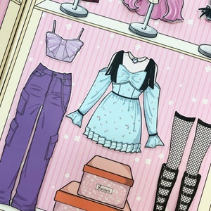 May include: A pink and white patterned background with a variety of clothing items, including a purple pair of pants, a light blue dress with floral print, a purple top with a bow, and black fishnet stockings. There are two boxes labeled "Rosie's" at the bottom of the image.
