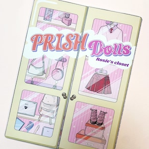 May include: A pink and yellow illustrated image of a closet with the text "PRISH Dolls Rosie's closet". The closet has shelves with various items, including a purse, a backpack, shoes, and a skirt.