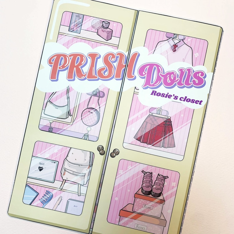 May include: A pink and yellow illustrated image of a closet with the text "PRISH Dolls Rosie's closet". The closet has shelves with various items, including a purse, a backpack, shoes, and a skirt.