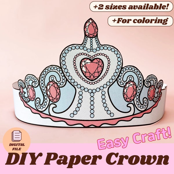 Princess Paper Crown Tiara Printable Party Hat Kids Easy Craft Coloring DIY Birthday Decor Headband Costume Classroom Activity Template