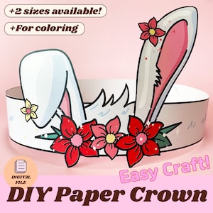 Rabbit Flower Paper Crown Costume Printable Party Hat Kids Easy Craft Coloring DIY Birthday Decor Headband Preschool Activity Template