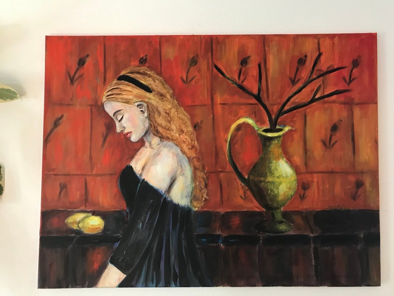 May include: A painting of a woman in a black dress with a red background. She is looking down and there is a vase with a branch in it on the right side of the painting.