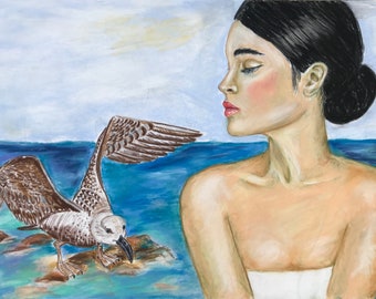 May include: A painting of a woman with her eyes closed, looking to the left. She is wearing a white strapless dress and has dark hair pulled back in a bun. A brown and white seagull with its wings spread is perched on a rock in the water in the foreground. The background is a blue ocean and a light blue sky.