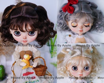Blythe Doll Wig Lovely style Double Ponytails Curly Wave With Bangs Hair milk silk fiber Wig Doll Wig 9-10 inch wig BJD Wig Qbaby Wig