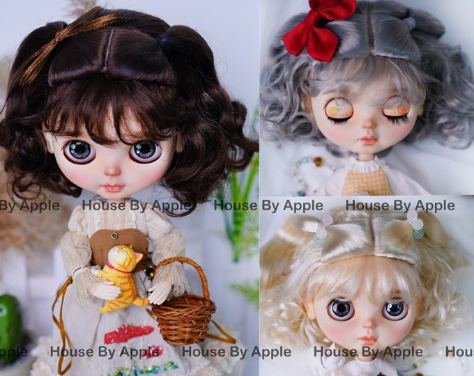 Blythe Doll Wig Lovely style Double Ponytails Curly Wave With Bangs Hair milk silk fiber Wig Doll Wig 9-10 inch wig BJD Wig Qbaby Wig