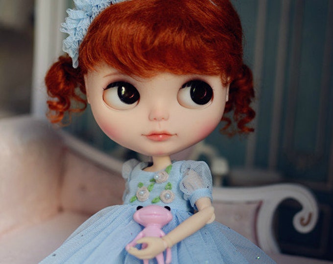 Stars in Your Dream Embroidery Flowers Lace Dress with Headdress for Blythe/Licca Doll - Blue