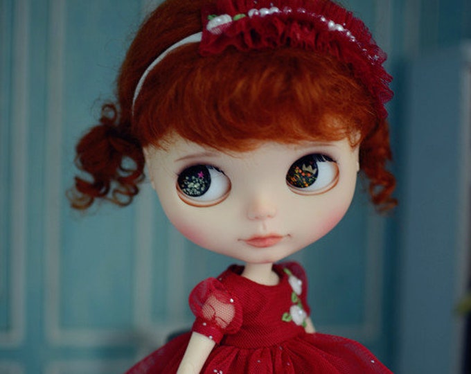 Stars in Your Dream Embroidery Flowers Lace Dress with Headdress for Blythe/Licca Doll - Red