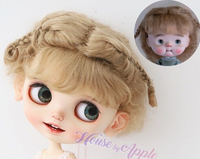 BJD Lovely Two Braids Plaits Hair Light Brown Mohair Wig for Blythe Wig Pullip Wig 9-10inch doll wig qbaby wig