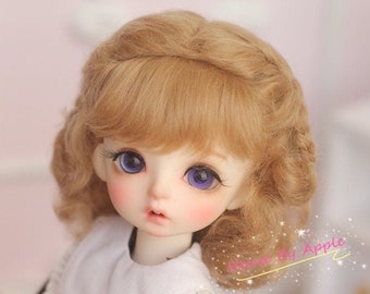 BJD Lovely Short Curly Double Braids Hair Light Brown Mohair Wig for 1/3 SD 1/4 msd 1/6 YOSD 1/8 Lati Yellow doll wig