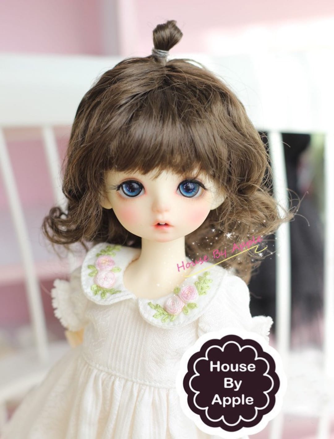 BJD かわいいダークブラウンの自然なカールヘア模造モヘアウィッグ 1/3