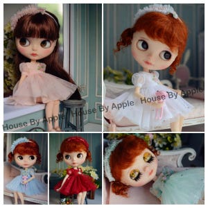 May include: A collage of Blythe dolls, each with large eyes and detailed features. The dolls wear various dresses in pink, white, red, and blue, with matching headbands. The text "House By Apple" is visible in the image.