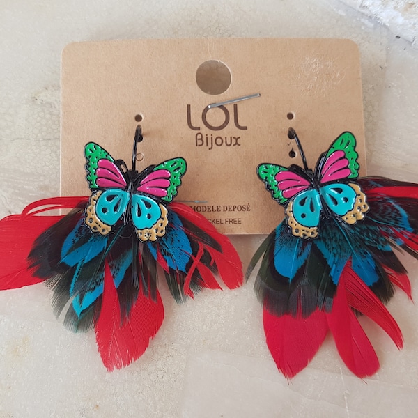 boucles d'oreilles LOL Bijoux papillon oiseau hibou avec PLUMES